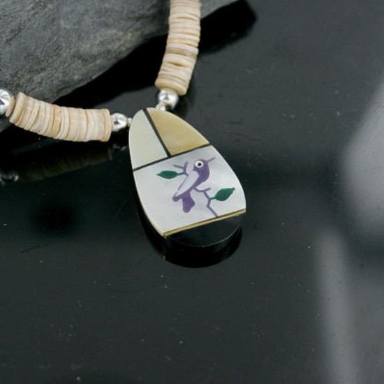 Large $300 Inlaid BirdCertified Authentic Navajo .925 Sterling Silver Graduated Melon Shell and Turquoise Native American Necklace 390718679490
