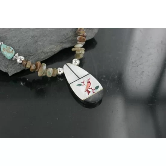 Large Inlaid Bird Navajo .925 Sterling Silver Natural Agate and Turquoise Native American Necklace 15151-39 Large Inlaid Bird Navajo .925 Sterling Silver Natural Agate and Turquoise Native American Necklace 15151-39