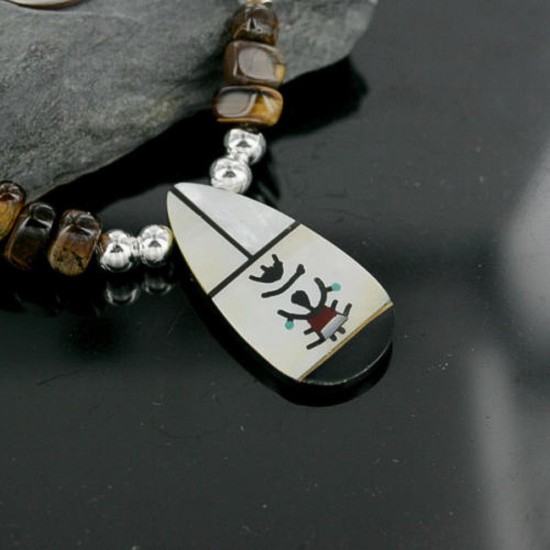 Large $300 InlaidCertified Authentic Navajo .925 Sterling Silver Tigers Eye Turquoise Native American Necklace 15422-75