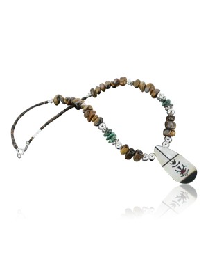 Large $300 InlaidCertified Authentic Navajo .925 Sterling Silver Tigers Eye Turquoise Native American Necklace 15422-75