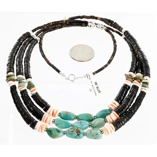 3 Strand Navajo .925 Sterling Silver Graduated Heishi, Spiny Oyster and TURQUOISE Neckalce Native American Necklace 391013591825 3 Strand Navajo .925 Sterling Silver Graduated Heishi, Spiny Oyster and TURQUOISE Neckalce Native American Necklace 391013591825