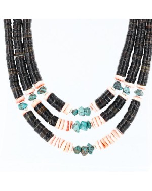 Large $400 Certified Authentic 3 Strand Navajo .925 Sterling Silver Graduated Heishi and Turquoise Native American Multi strand Necklace 390763440780