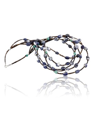 Large $400 Certified Authentic 5 Strand Navajo .925 Sterling Silver Turquoise and Lapis Native American Necklace 15735-1