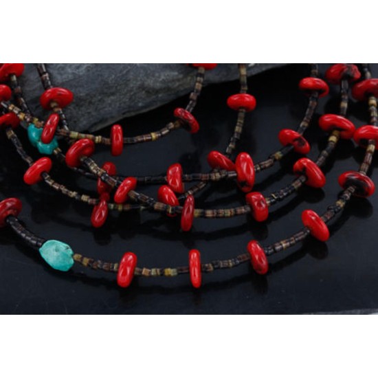 Large $450 Certified Authentic 5 Strand Navajo .925 Sterling Silver Turquoise and Coral Native American Necklace 370986867893