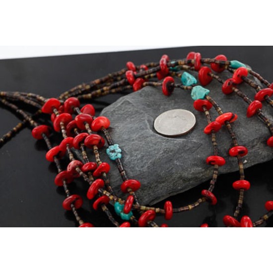 Large $450 Certified Authentic 5 Strand Navajo .925 Sterling Silver Turquoise and Coral Native American Necklace 370986867893