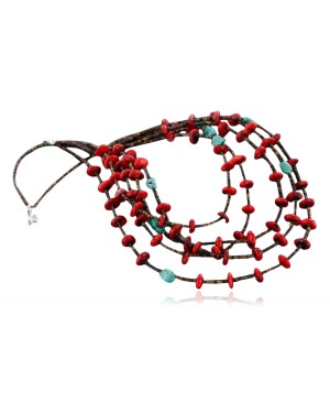 Large $450 Certified Authentic 5 Strand Navajo .925 Sterling Silver Turquoise and Coral Native American Necklace 370986867893
