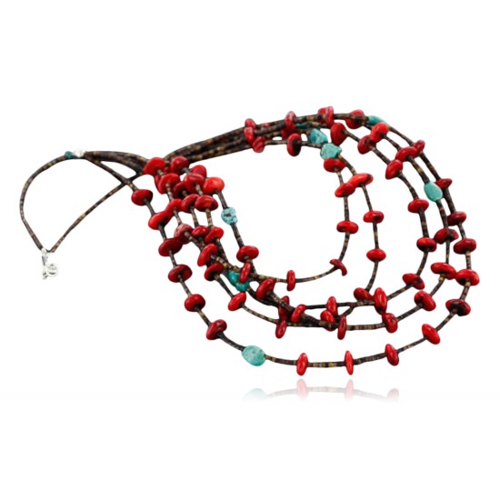 Large $450 Certified Authentic 5 Strand Navajo .925 Sterling Silver Turquoise and Coral Native American Necklace 370986867893