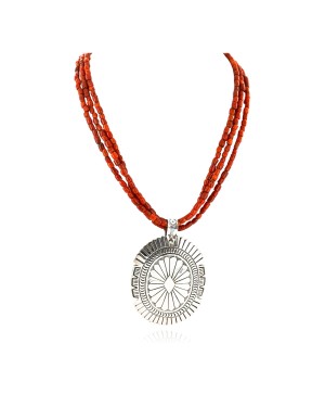 Large .925 Sterling Silver Handmade Certified Authentic Navajo Coral Native American Necklace 24349-15938