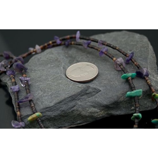 Large Certified Authentic 2 Strand Navajo .925 Sterling Silver Turquoise and Amethyst Native American Necklace 750106-32