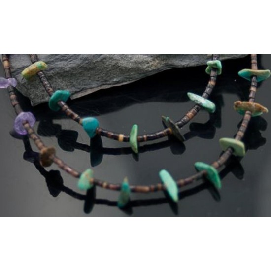 Large Certified Authentic 2 Strand Navajo .925 Sterling Silver Turquoise and Amethyst Native American Necklace 750106-32