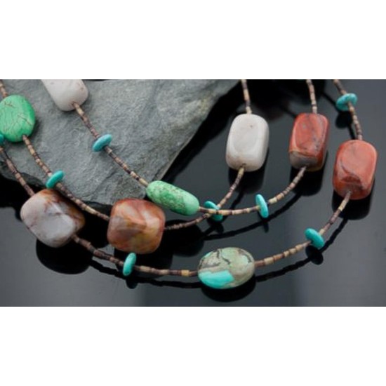 Large Certified Authentic 3 Strand Navajo Native .925 Sterling Silver Turquoise and Multicolor Stones Native American Necklace 15649-1