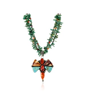 Large Butterfly Handmade Certified Authentic Navajo .925 Sterling Silver Signed Turquoise Spiny Oyster Native American Necklace 24101