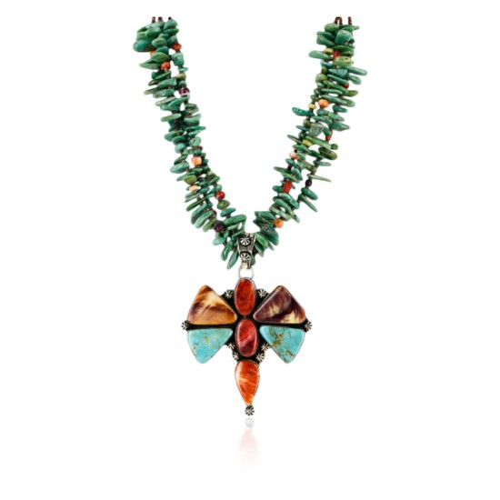Large Butterfly Handmade Certified Authentic Navajo .925 Sterling Silver Signed Turquoise Spiny Oyster Native American Necklace 24101