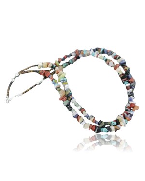 Large Certified Authentic 2 Strand Navajo .925 Sterling Silver Multicolor Natural Stone Native American Necklace 15501-125