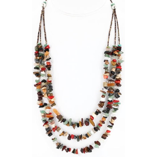 Large Certified Authentic 2 Strand Navajo .925 Sterling Silver Multicolor Natural Stone Native American Necklace 15863-8