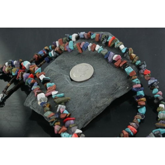 Large Certified Authentic 2 Strand Navajo .925 Sterling Silver Multicolor Natural Stone Native American Necklace 370908016846