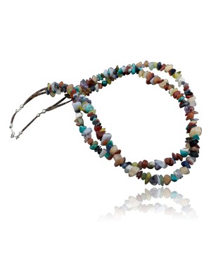 Large Certified Authentic 2 Strand Navajo .925 Sterling Silver Multicolor Natural Stone Native American Necklace 390644016933