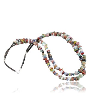 Large Certified Authentic 2 Strand Navajo .925 Sterling Silver Multicolor Stones Native American Necklace 15501-5