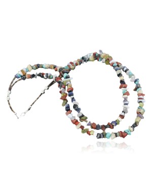 Large Certified Authentic 2 Strand Navajo .925 Sterling Silver Multicolor Stones Native American Necklace 15501-6