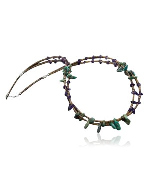 Large Certified Authentic 2 Strand Navajo .925 Sterling Silver Natural Turquoise Amethyst Native American Necklace 370833362072
