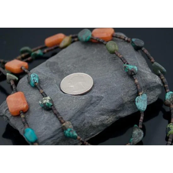 Large 2 Strand Navajo .925 Sterling Silver Natural Turquoise and Carnelian Native American Necklace 15297-1 Large 2 Strand Navajo .925 Sterling Silver Natural Turquoise and Carnelian Native American Necklace 15297-1