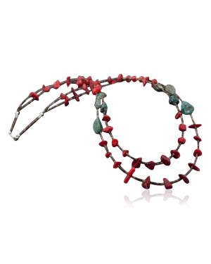 Large Certified Authentic 2 Strand Navajo .925 Sterling Silver Natural Turquoise and Coral Native American Necklace 370834465459