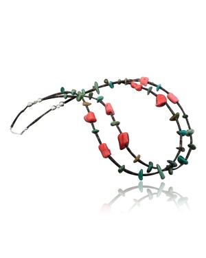 Large Certified Authentic 2 Strand Navajo .925 Sterling Silver Natural Turquoise and Coral Native American Necklace 370845726682