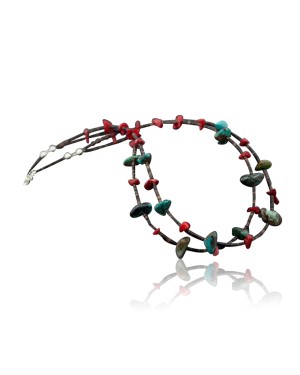 Large Certified Authentic 2 Strand Navajo .925 Sterling Silver Natural Turquoise and Coral Native American Necklace 390615386446