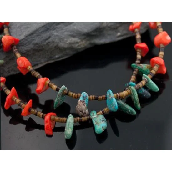 Large 2 Strand Navajo .925 Sterling Silver Natural Turquoise and Coral Native American Necklace 750106-12 Large 2 Strand Navajo .925 Sterling Silver Natural Turquoise and Coral Native American Necklace 750106-12
