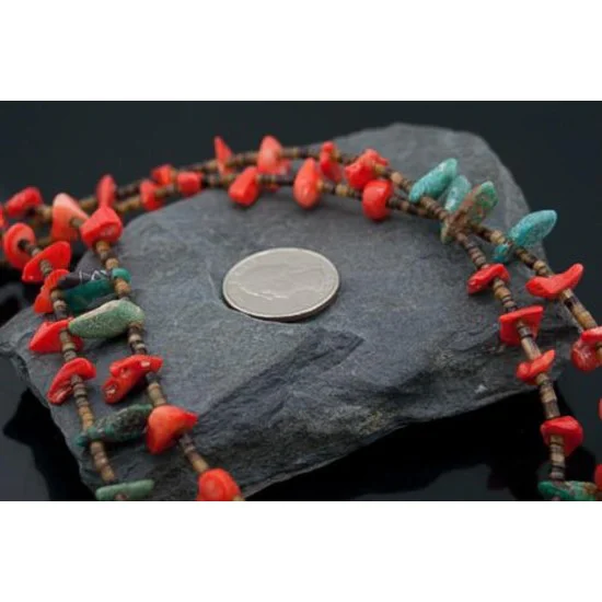 Large 2 Strand Navajo .925 Sterling Silver Natural Turquoise and Coral Native American Necklace 750106-12 Large 2 Strand Navajo .925 Sterling Silver Natural Turquoise and Coral Native American Necklace 750106-12