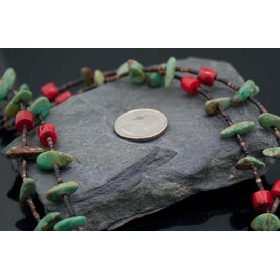 Large Certified Authentic 2 Strand Navajo .925 Sterling Silver Natural Turquoise Coral 4913 Native American Necklace 370832548894