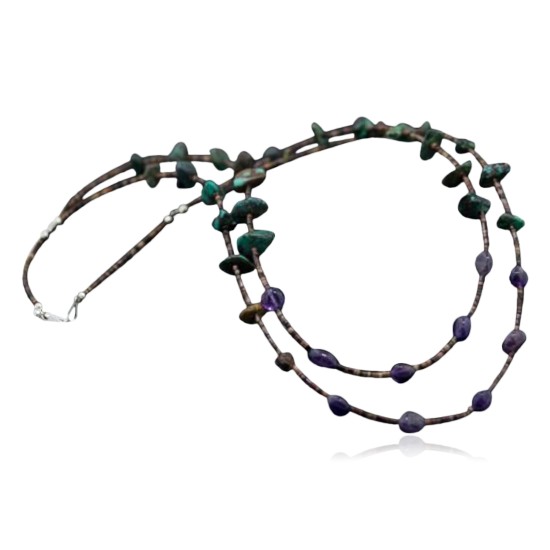 Large Certified Authentic 2 Strand Navajo .925 Sterling Silver Turquoise and Amethyst Native American Necklace 390613417504