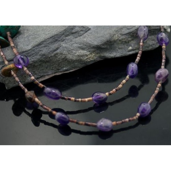 Large Certified Authentic 2 Strand Navajo .925 Sterling Silver Turquoise and Amethyst Native American Necklace 390613417504