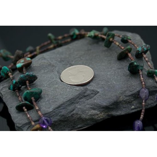 Large Certified Authentic 2 Strand Navajo .925 Sterling Silver Turquoise and Amethyst Native American Necklace 390613417504