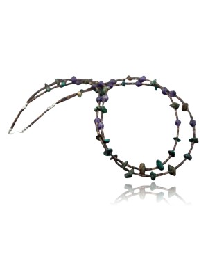 Large Certified Authentic 2 Strand Navajo .925 Sterling Silver Turquoise and Amethyst Native American Necklace 750106-19