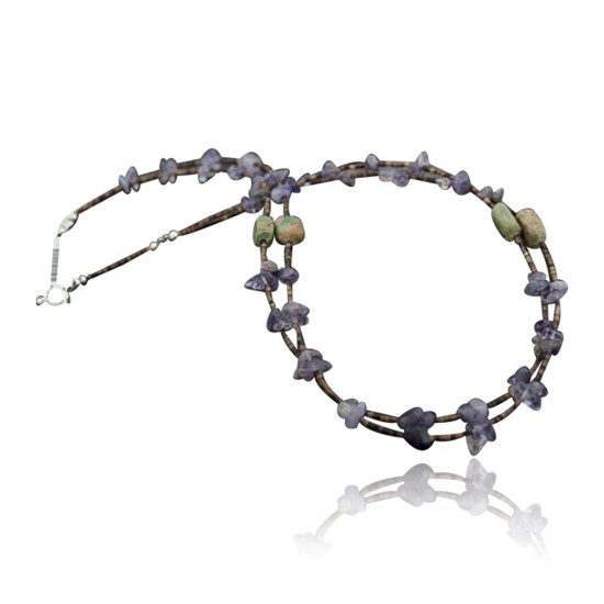 Large Certified Authentic 2 Strand Navajo .925 Sterling Silver Turquoise and Amethyst Native American Necklace 750106-23
