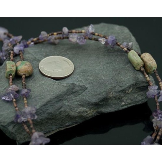 Large Certified Authentic 2 Strand Navajo .925 Sterling Silver Turquoise and Amethyst Native American Necklace 750106-23