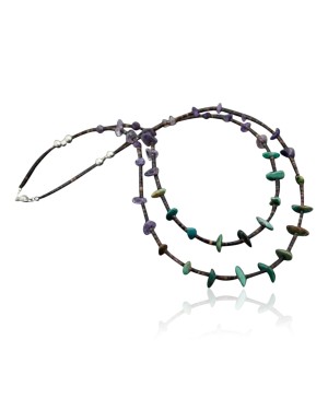 Large Certified Authentic 2 Strand Navajo .925 Sterling Silver Turquoise and Amethyst Native American Necklace 750106-32