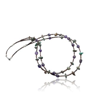Large Certified Authentic 2 Strand Navajo .925 Sterling Silver Turquoise and Amethyst Native American Necklace 750106-7