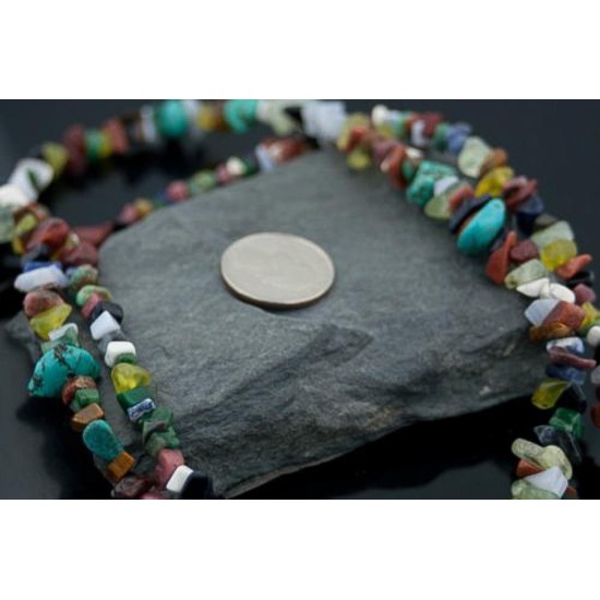Large Certified Authentic 2 Strand Navajo Native .925 Sterling Silver Multicolor Natural Stone Native American Necklace 15501-7
