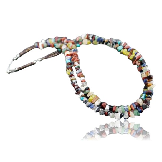 Large Certified Authentic 2 Strand Navajo Native .925 Sterling Silver Multicolor Natural Stone Native American Necklace 390607593964