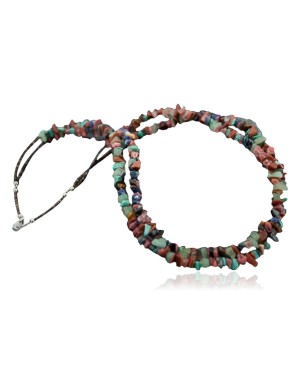 Large Certified Authentic 2 Strand Navajo Native .925 Sterling Silver Multicolor Stones Native American Necklace 15315-26