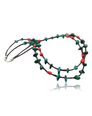 Large Certified Authentic 2 Strand Navajo Native .925 Sterling Silver Turquoise and Coral Native American Necklace 370800540402