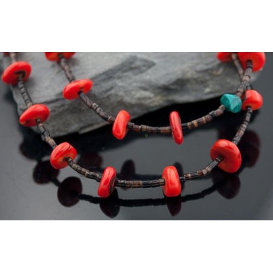 Large Certified Authentic 2 Strand Navajo Native .925 Sterling Silver Turquoise and Coral Native American Necklace 370804674116