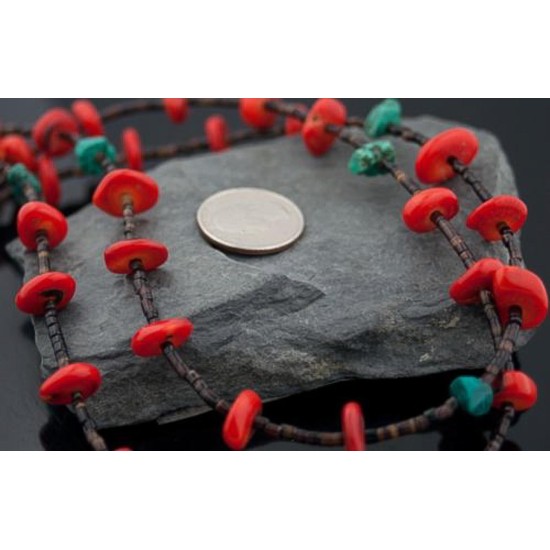Large Certified Authentic 2 Strand Navajo Native .925 Sterling Silver Turquoise and Coral Native American Necklace 370804674116