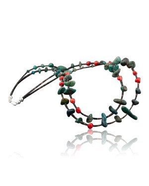 Large Certified Authentic 2 Strand Navajo Native .925 Sterling Silver Turquoise and Coral Native American Necklace 390576104130