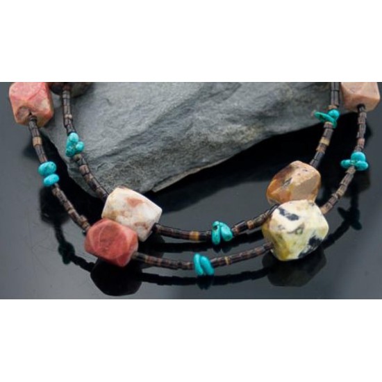 Large Certified Authentic 2 Strand Navajo Native .925 Sterling Silver Turquoise and Jasper Native American Necklace 15304-17