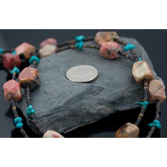 Large Certified Authentic 2 Strand Navajo Native .925 Sterling Silver Turquoise and Jasper Native American Necklace 15304-17