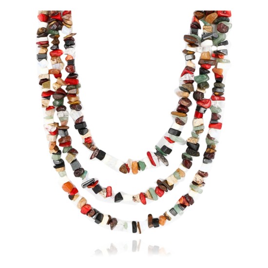 Large Certified Authentic 3 Strand Navajo .925 Sterling Silver Multicolor Natural Stone 23 Native American Necklace 15862-5
