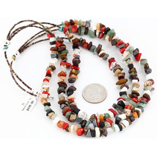 Large Certified Authentic 3 Strand Navajo .925 Sterling Silver Multicolor Natural Stone 23 Native American Necklace 15862-5